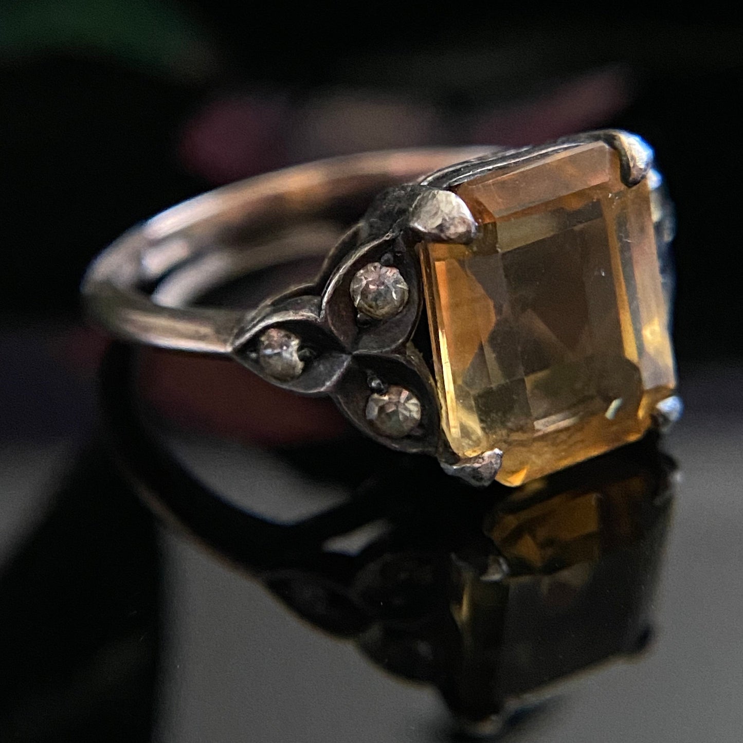 Antique 9k Gold Sterling Silver Top Citrine & Rock Crystal Quartz Ring Size 6.5