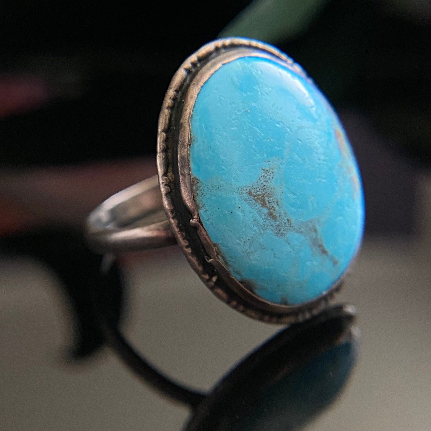 Antique Art Deco Sterling Turquoise Blue Faience Cabochon Ring Size 7.75