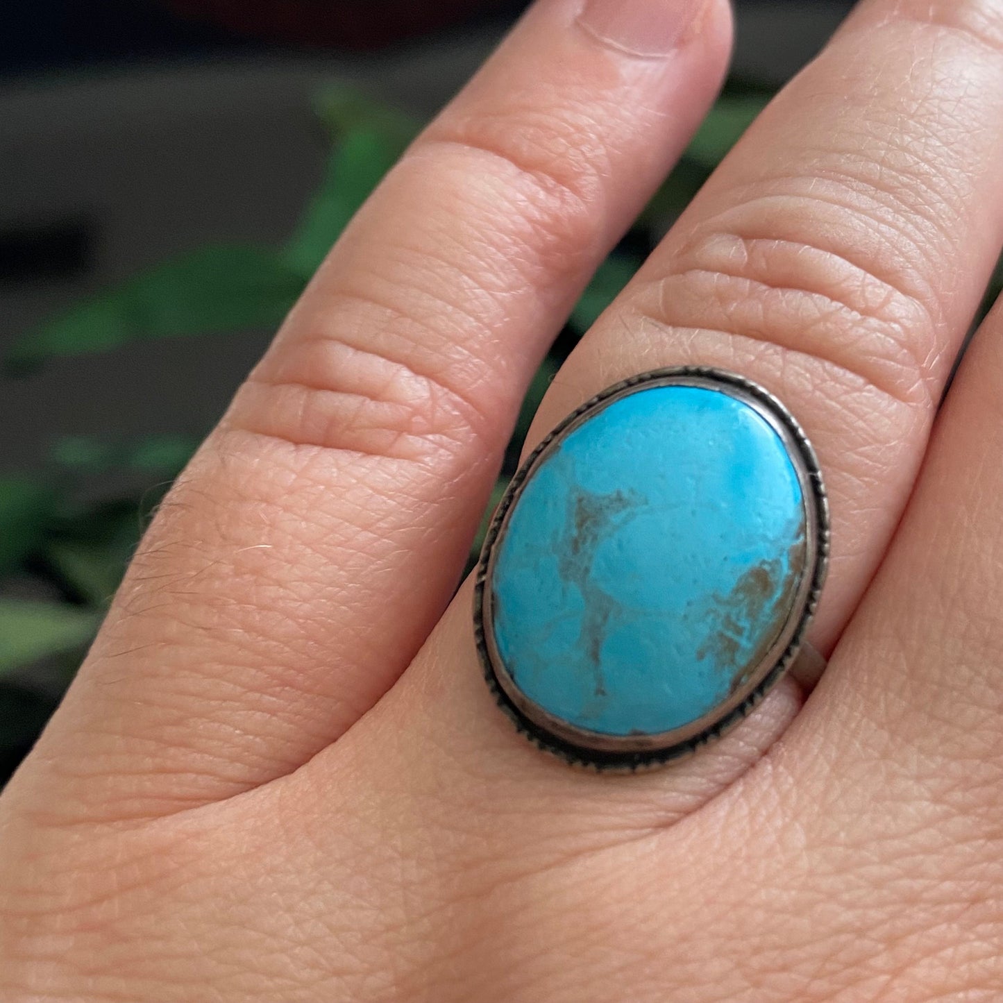 Antique Art Deco Sterling Turquoise Blue Faience Cabochon Ring Size 7.75