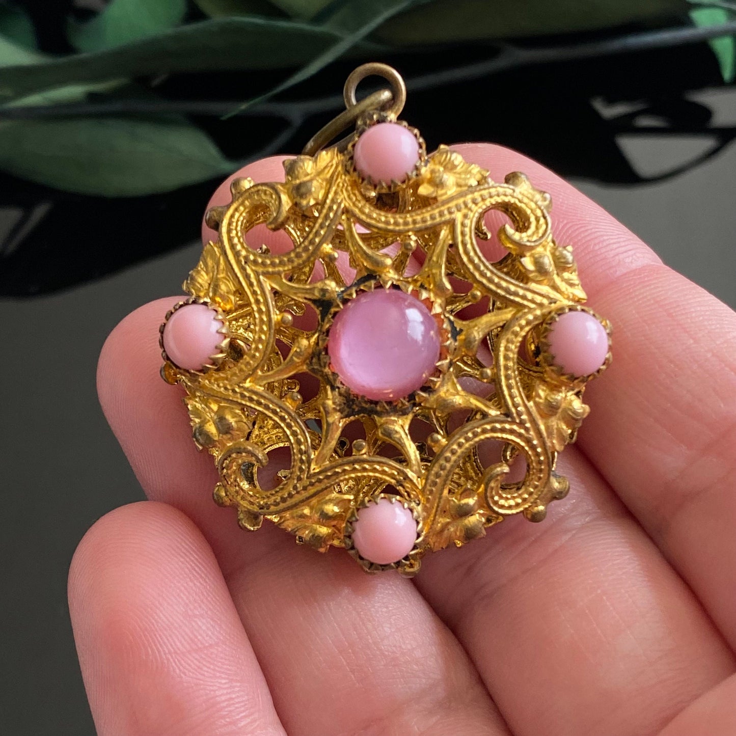 Vintage Gilt Filigree Pink Glass Cabochon Art Deco Pendant