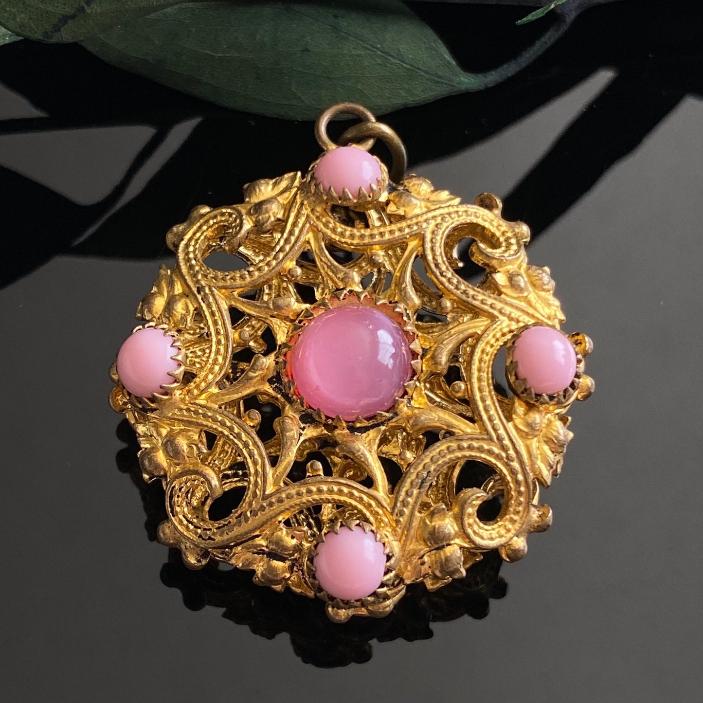 Vintage Gilt Filigree Pink Glass Cabochon Art Deco Pendant