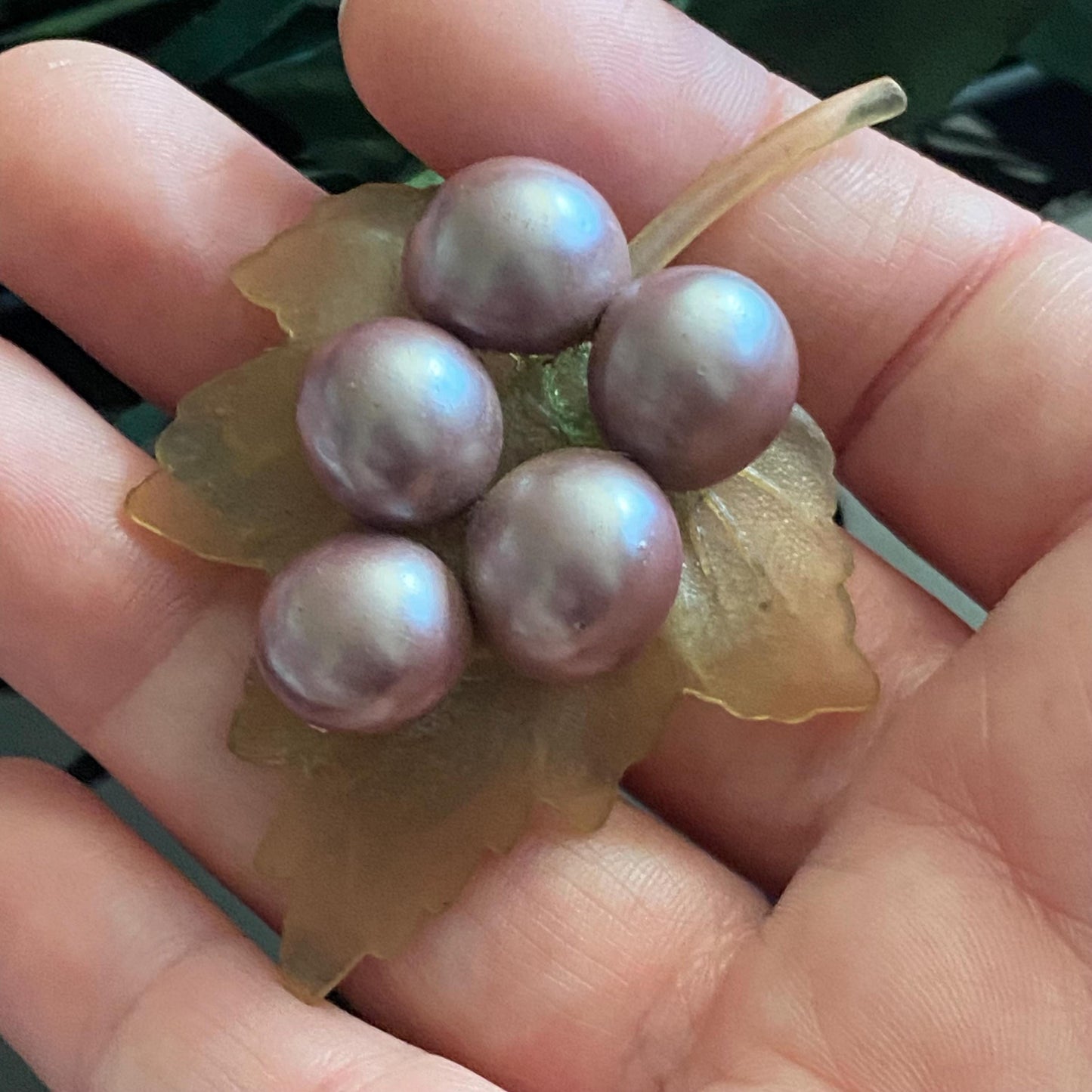 Vintage Celluloid Faux Pearl Grape Leaf Brooch