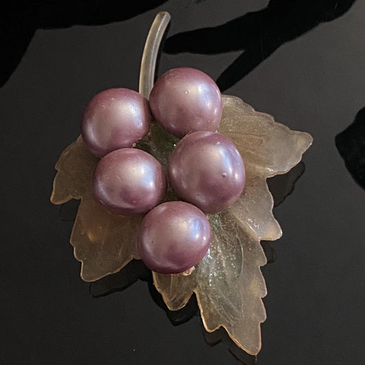 Vintage Celluloid Faux Pearl Grape Leaf Brooch