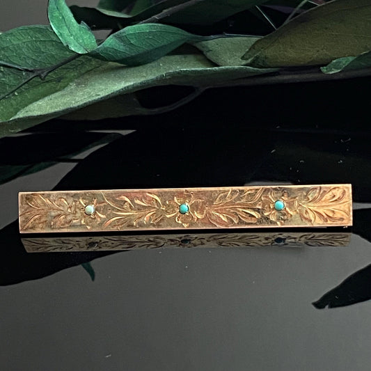 Vintage Gold Filled Engraved Floral Turquoise Bar Pin Brooch