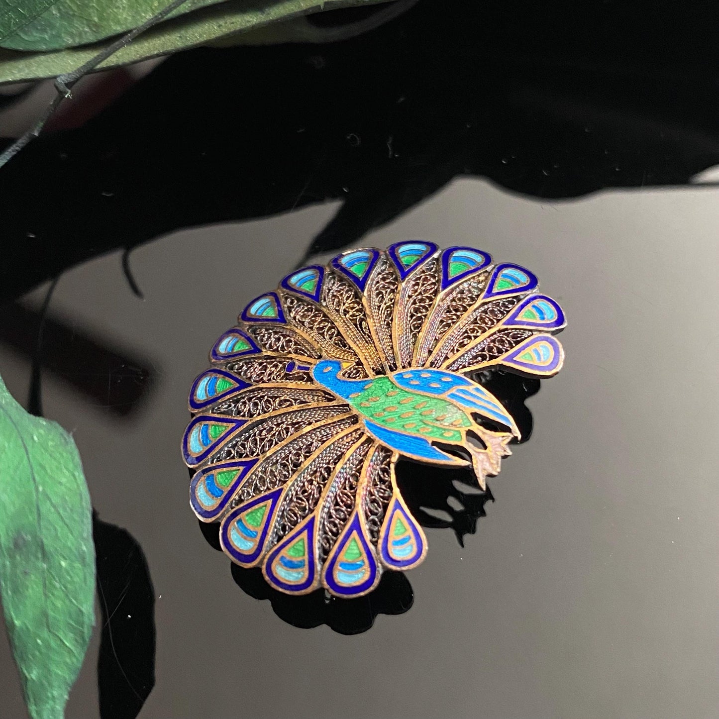 Vintage Gilt Sterling Silver Enamel Peacock Brooch | Topazio | Portugal