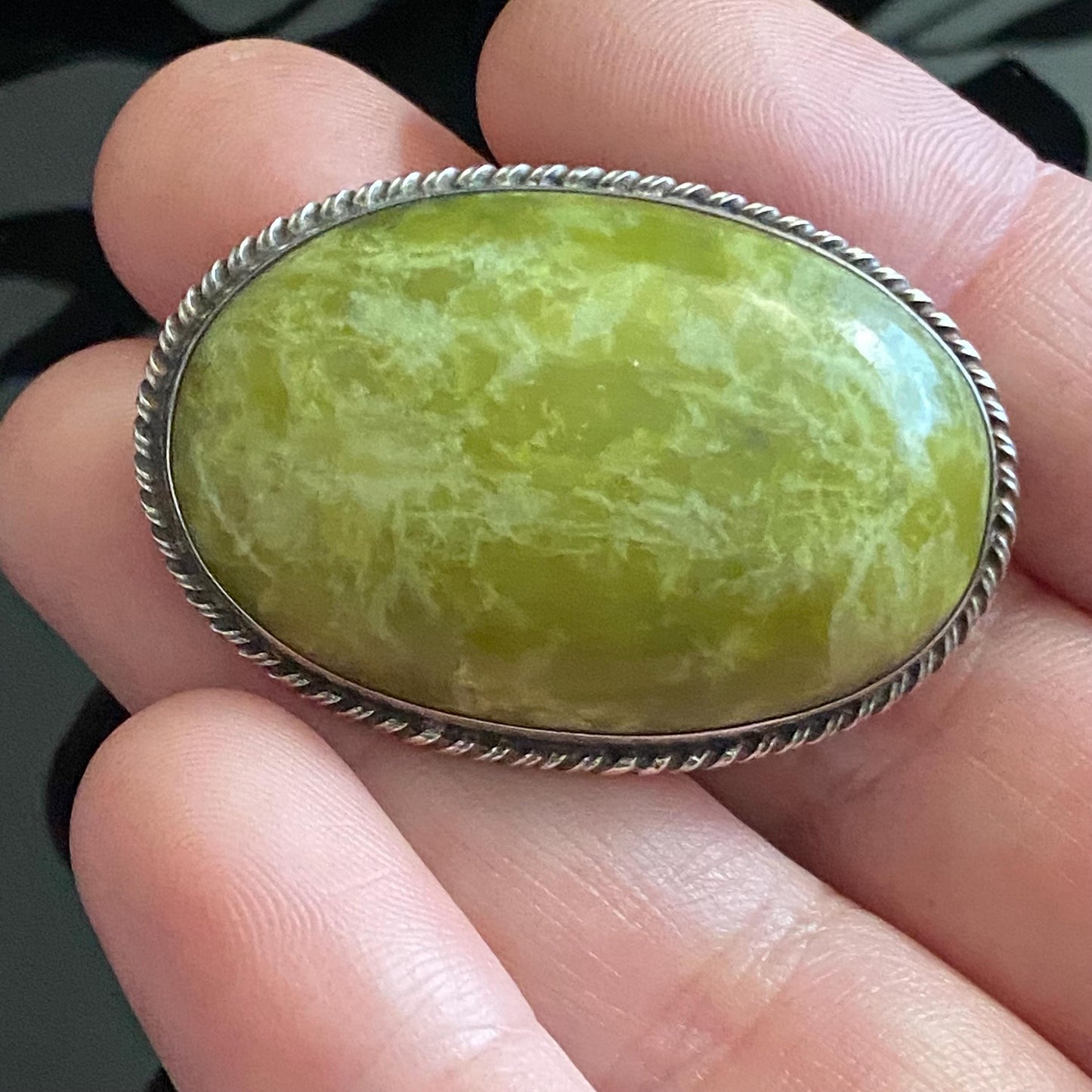 Antique Scottish Sterling Silver Oval Green Jasper Cabochon Brooch