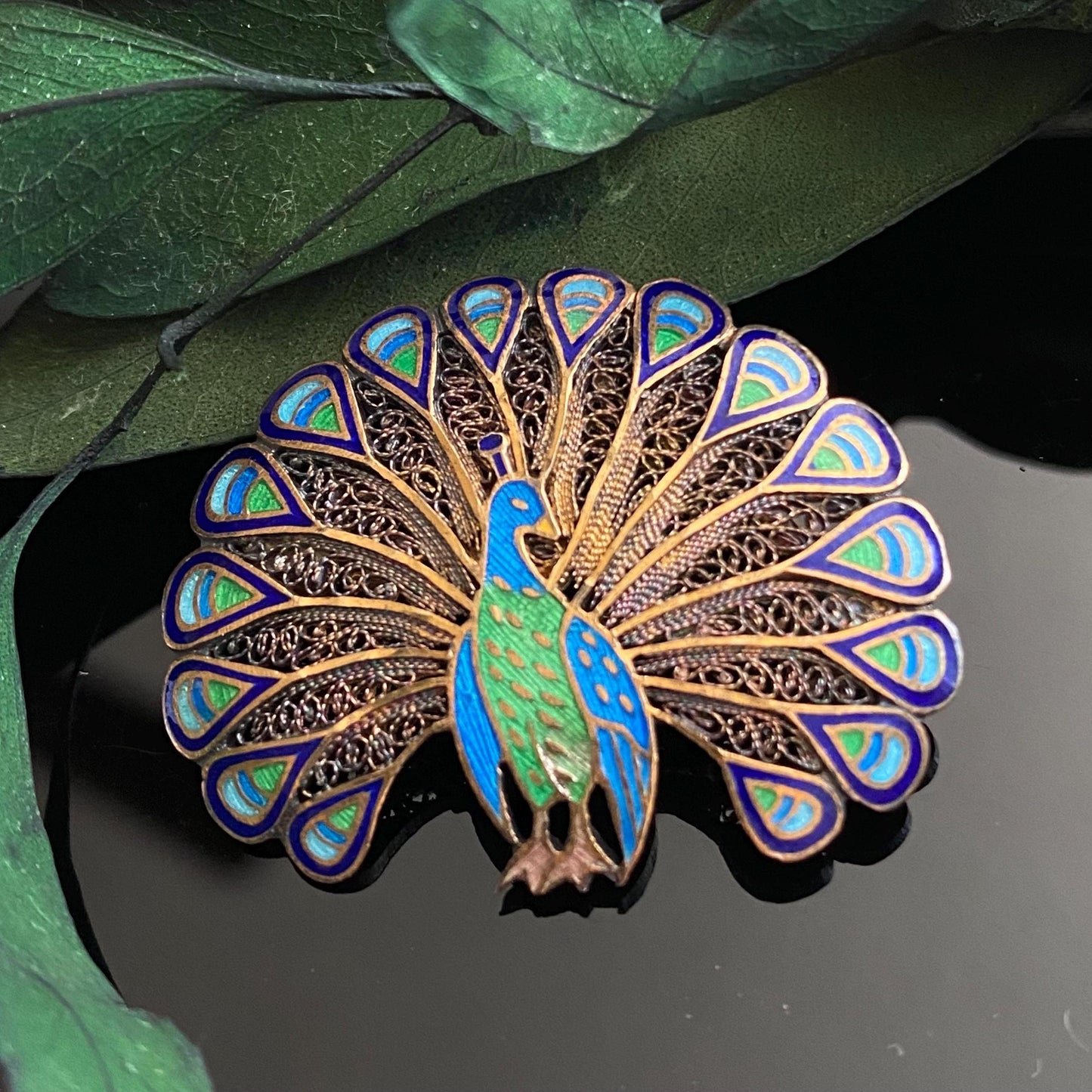 Vintage Gilt Sterling Silver Enamel Peacock Brooch | Topazio | Portugal