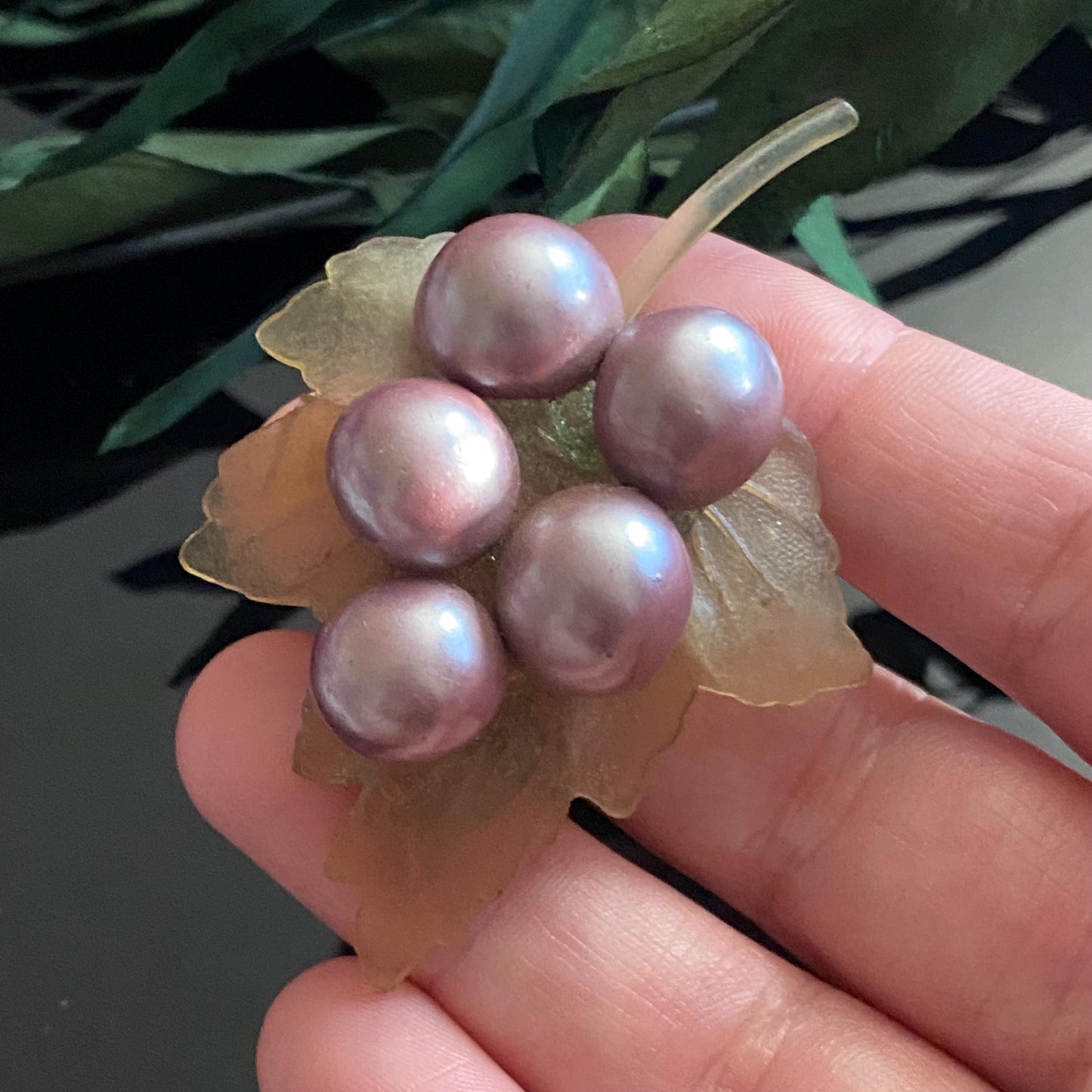 Vintage Celluloid Faux Pearl Grape Leaf Brooch