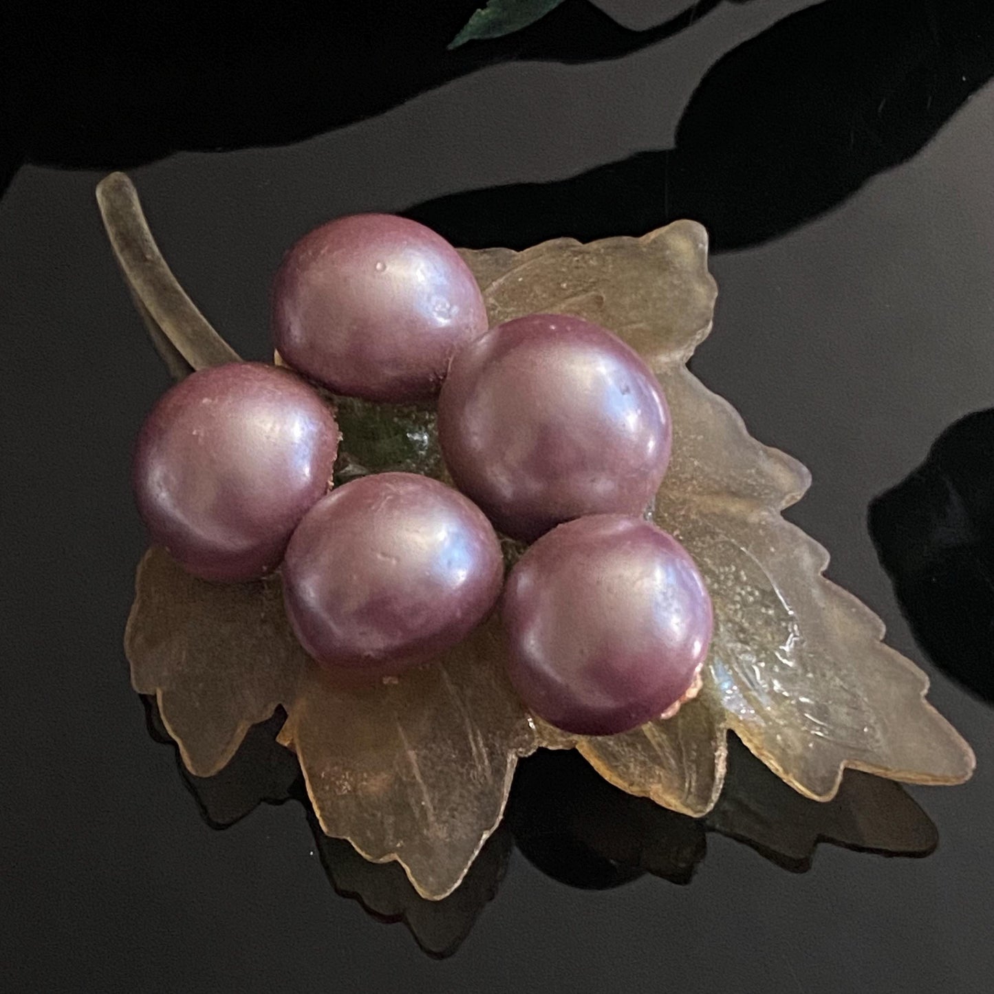 Vintage Celluloid Faux Pearl Grape Leaf Brooch