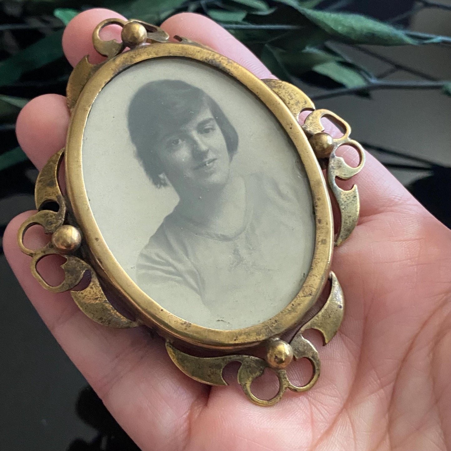 Antique Art Deco Large Framed Woman's Photograph Brooch