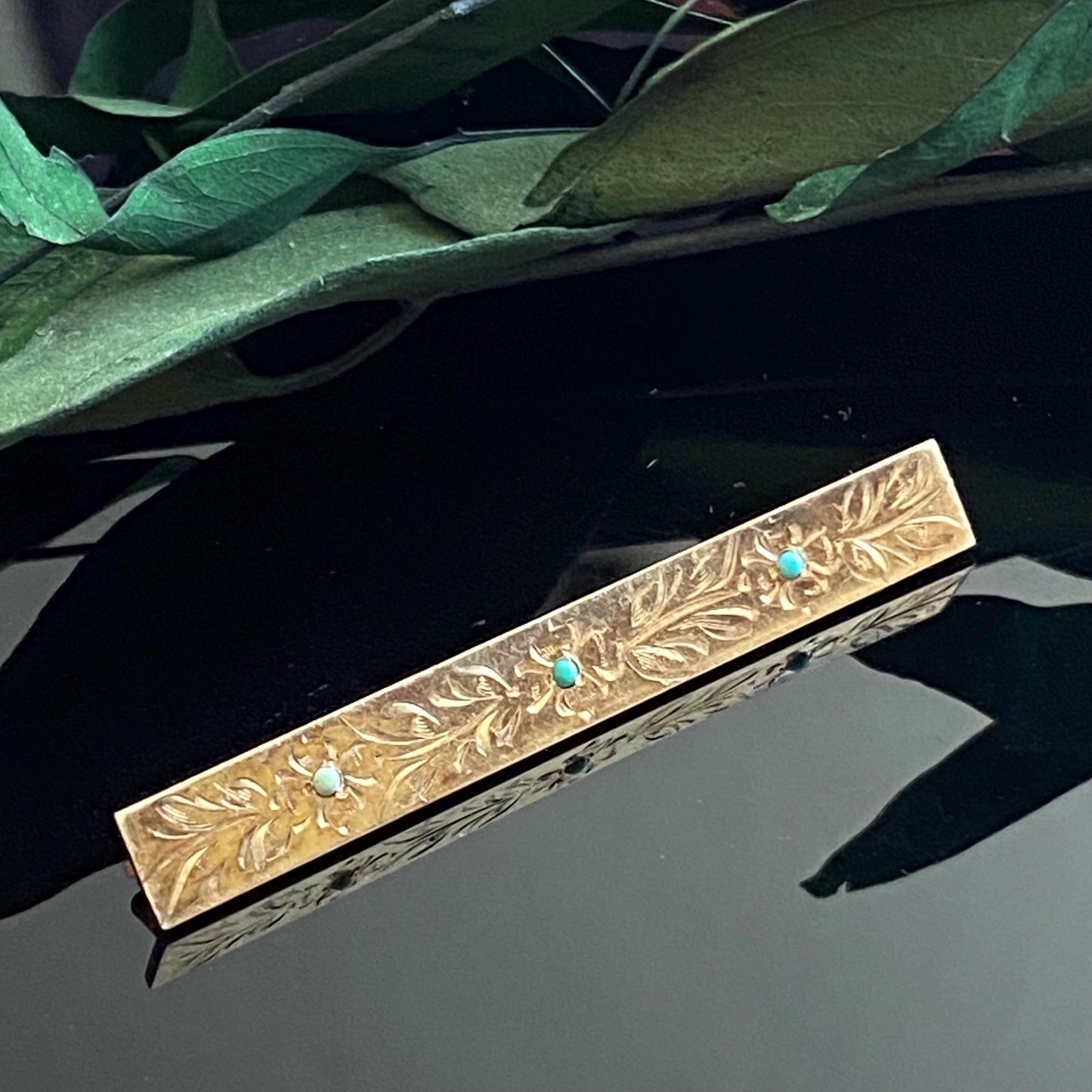 Vintage Gold Filled Engraved Floral Turquoise Bar Pin Brooch