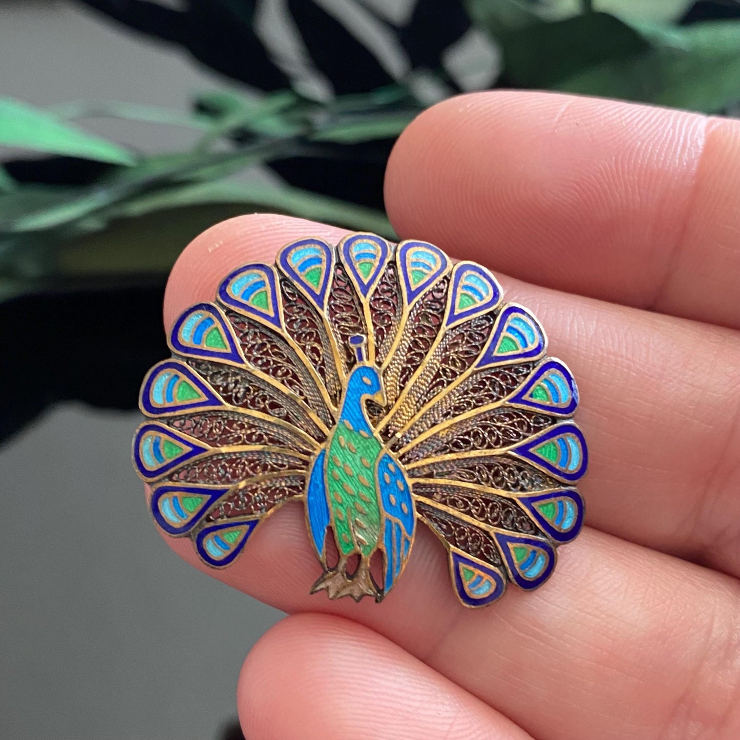 Vintage Gilt Sterling Silver Enamel Peacock Brooch | Topazio | Portugal