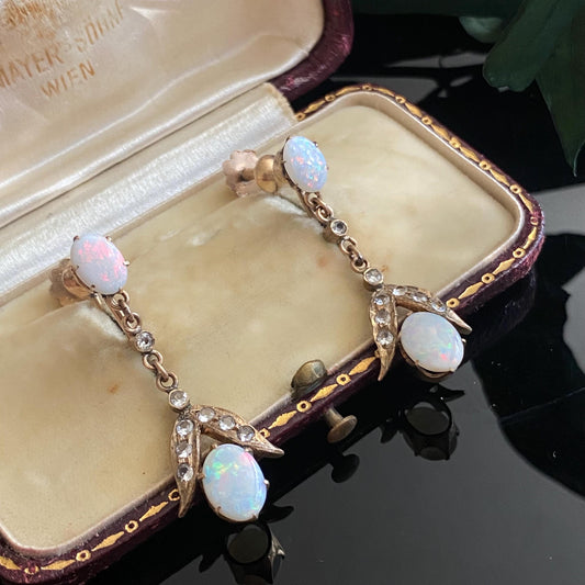 Antique Vintage 14k Gold Opal & Rock Crystal Quartz Screwback Earrings