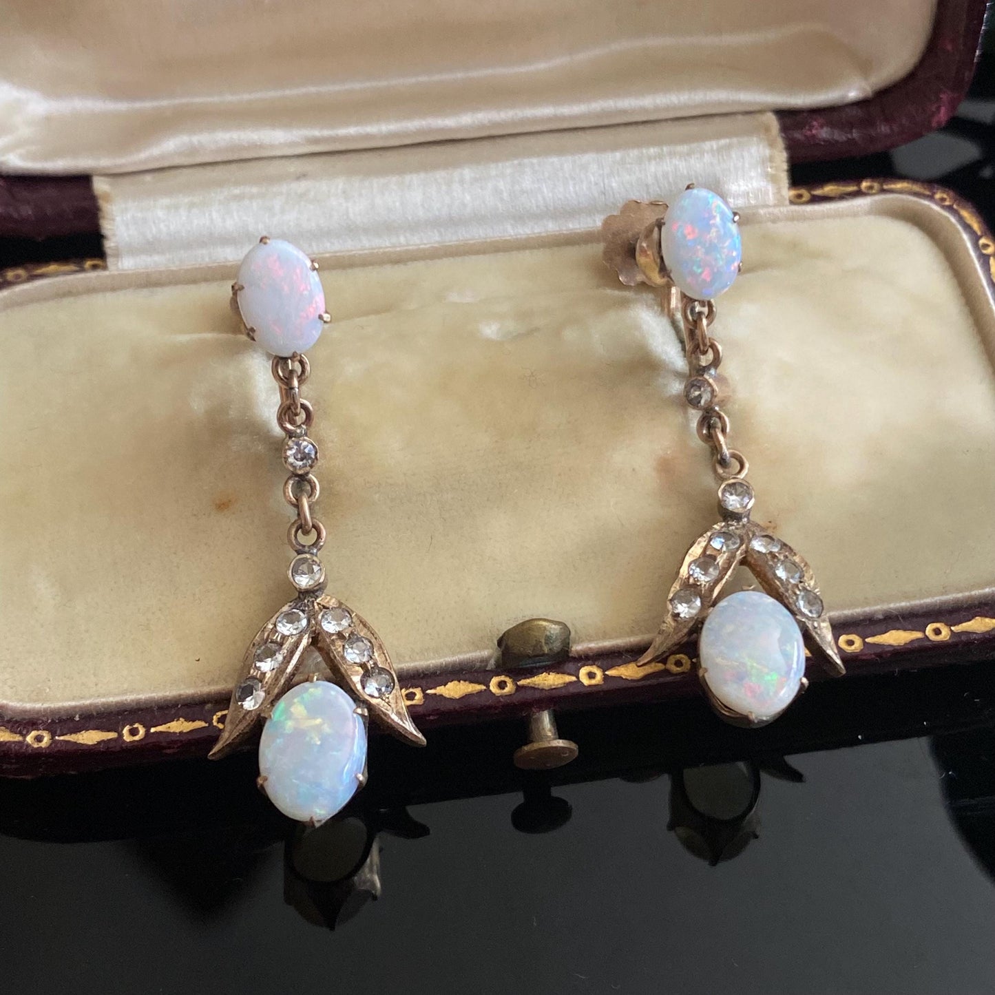 Antique Vintage 14k Gold Opal & Rock Crystal Quartz Screwback Earrings