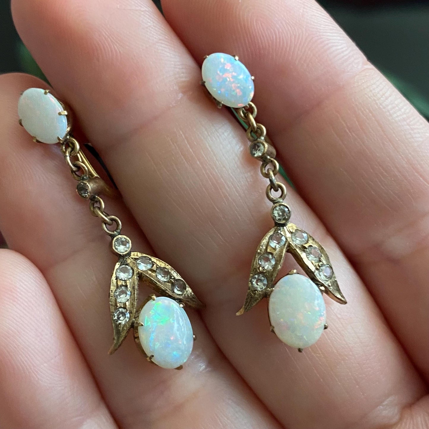 Antique Vintage 14k Gold Opal & Rock Crystal Quartz Screwback Earrings