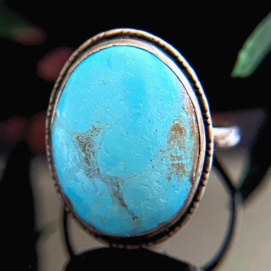 Antique Art Deco Sterling Turquoise Blue Faience Cabochon Ring Size 7.75