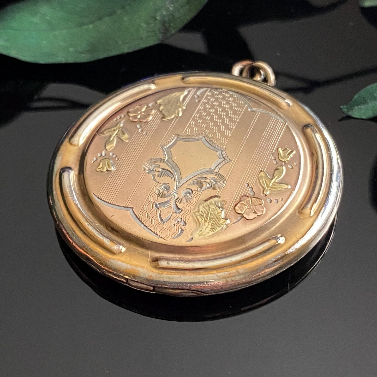 Antique Art Deco Pinstripe Floral Tricolor Locket