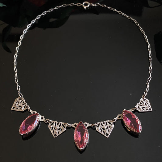 Antique Art Deco Pink Czech Glass Filigree Collar Necklace 15.5"