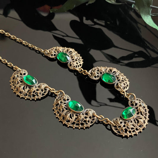 Antique Art Deco Green Czech Glass Filigree Necklace 15"