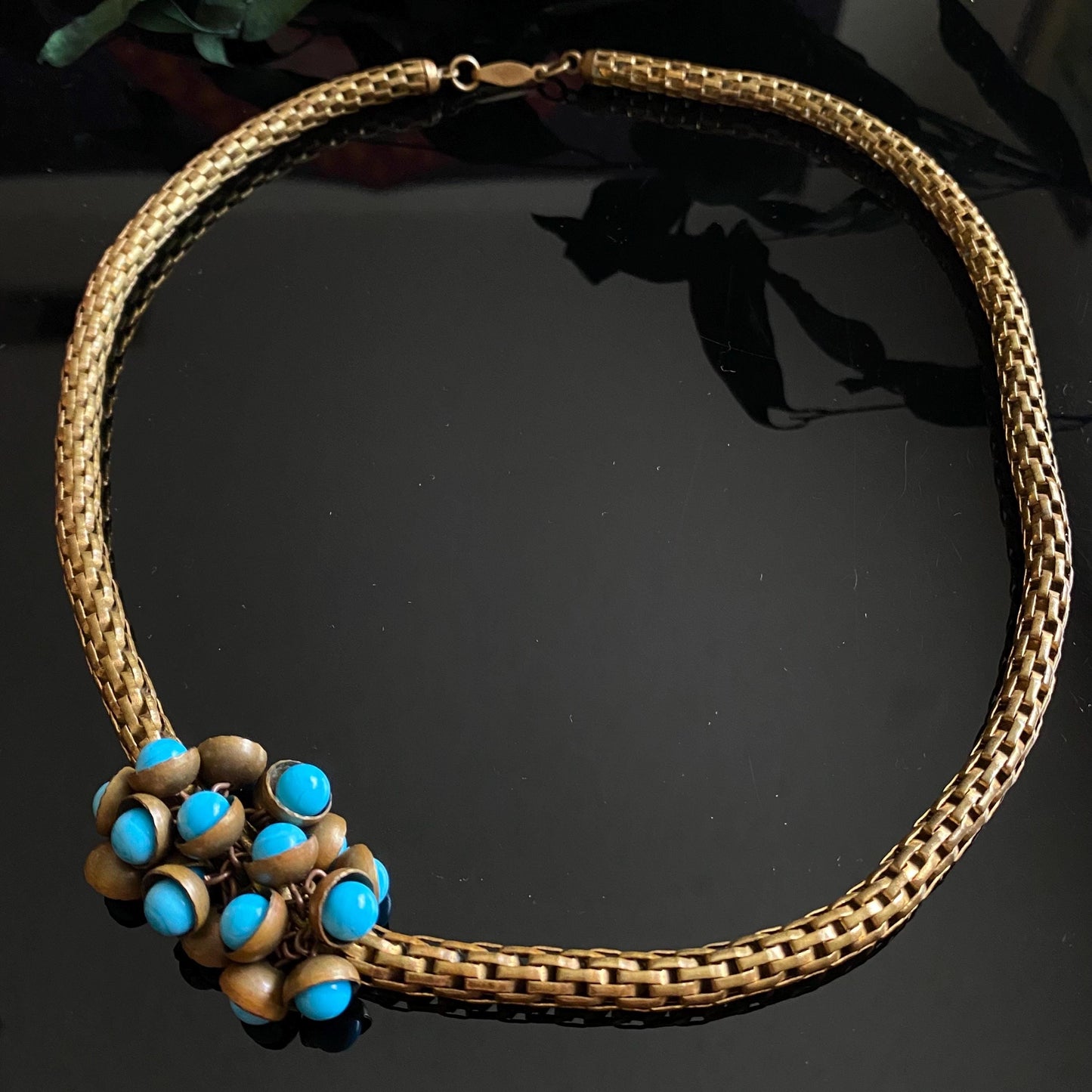 Antique Victorian Gilt Brass Turquoise Glass Asymmetrical Chain Necklace 22”