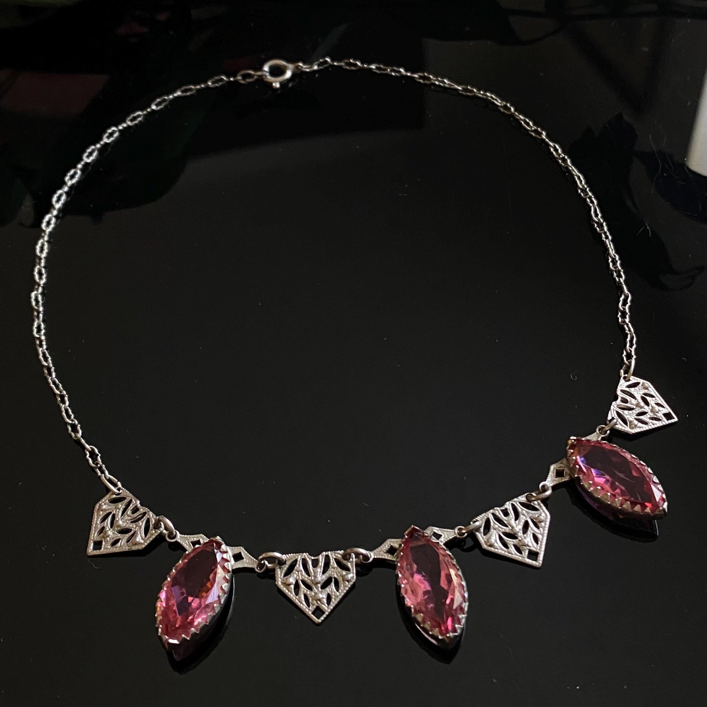 Antique Art Deco Pink Czech Glass Filigree Collar Necklace 15.5"