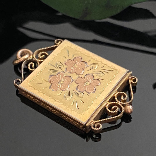 Vintage Gold Filled La Mode Square Slide Out Floral Locket