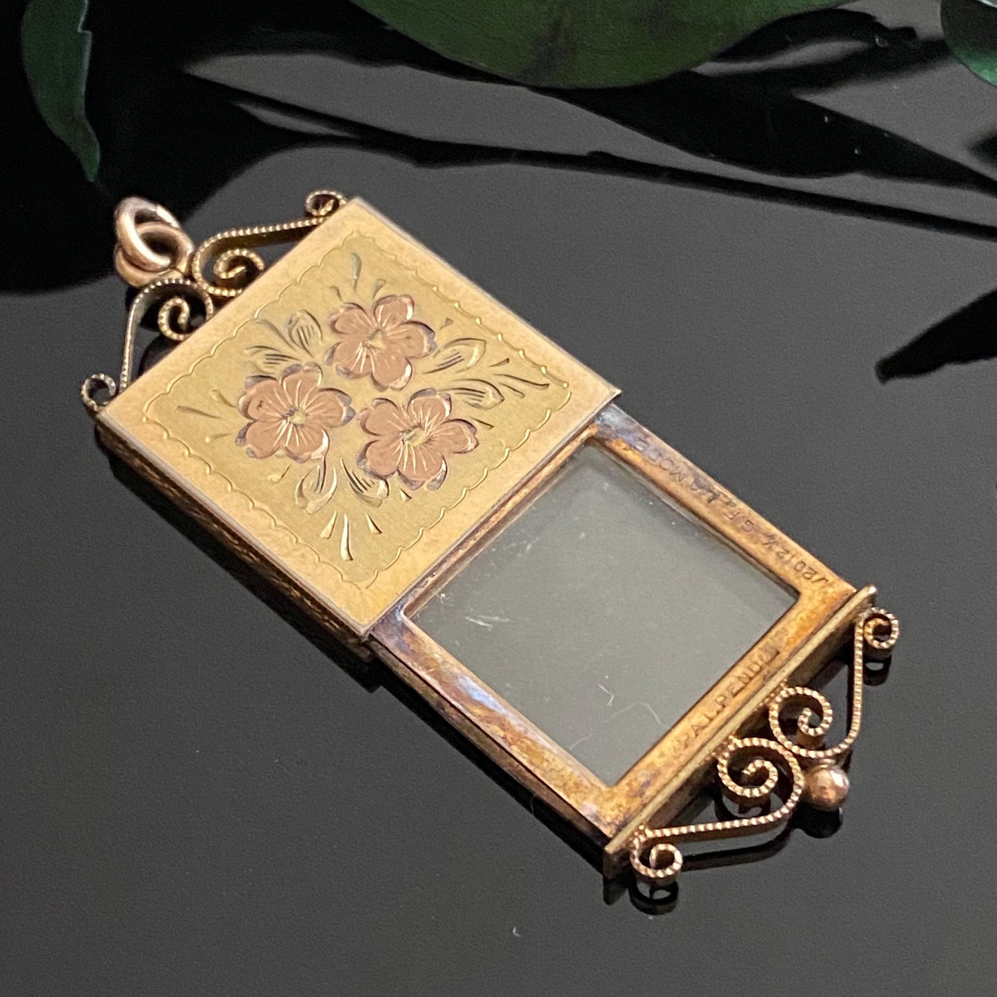 Vintage Gold Filled La Mode Square Slide Out Floral Locket