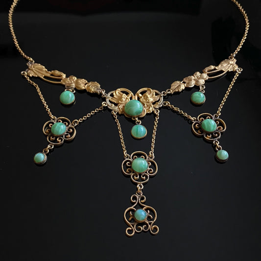 Antique Art Nouveau Gold Filled Green Glass Festoon Necklace