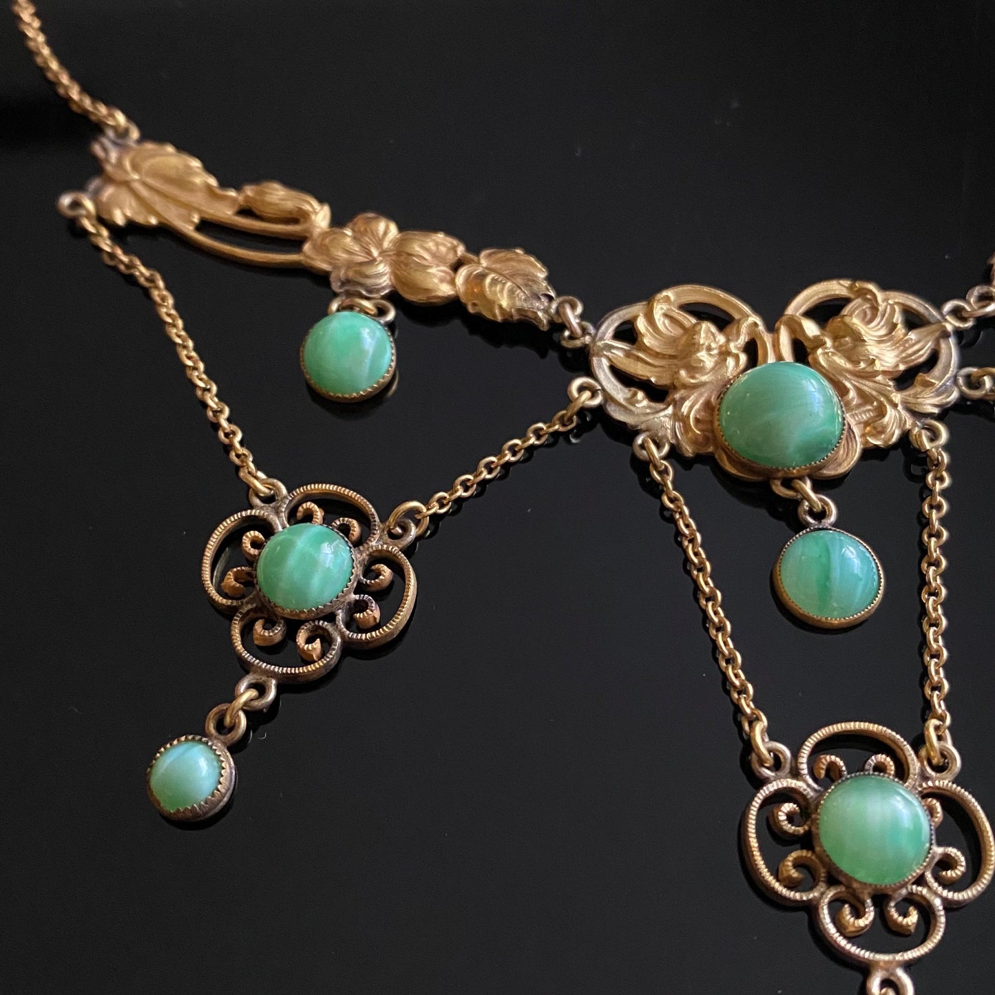 Antique Art Nouveau Gold Filled Green Glass Festoon Necklace