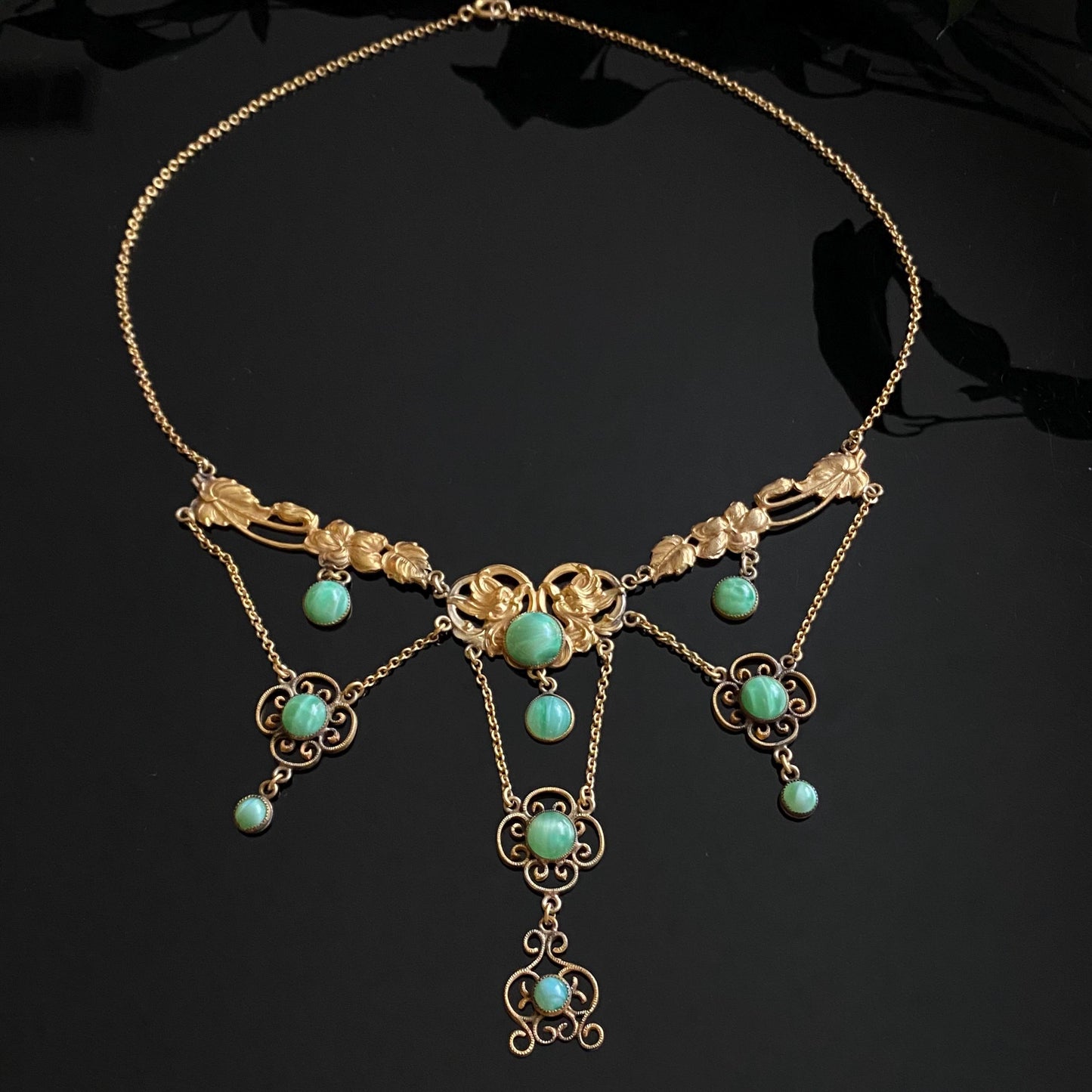 Antique Art Nouveau Gold Filled Green Glass Festoon Necklace