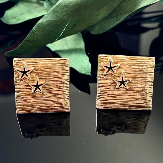 Vintage Swag Square Gold Plated Black Enamel Star Cuff Links