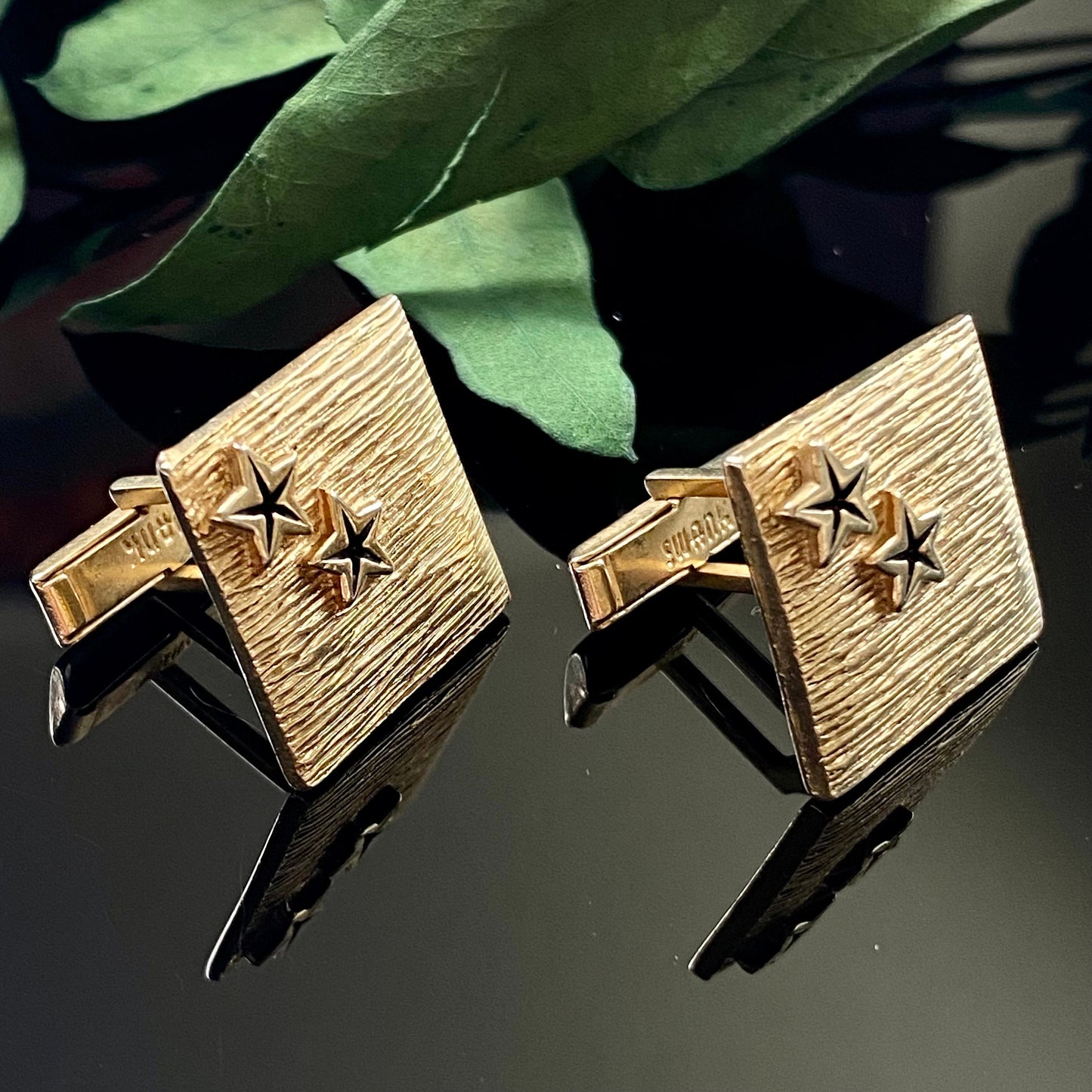 Vintage Swag Square Gold Plated Black Enamel Star Cuff Links