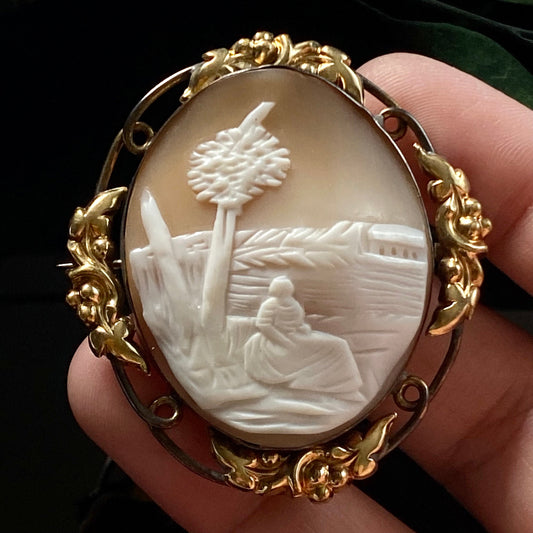 Antique Victorian Large Scenery Conch Shell Cameo Floral Brooch